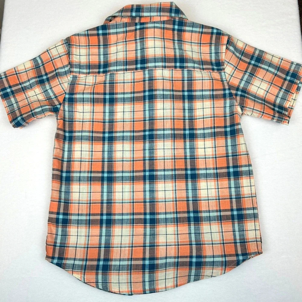 NWT Wrangler Boys Plaid Button Down Shirt Orange Blue Short Sleeve‎ Size 6